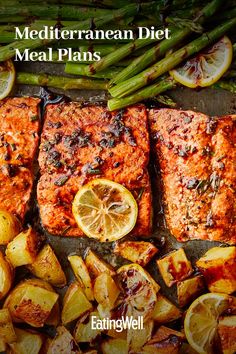 salmon, potatoes and asparagus on a tray with the title mediterranean diet meal plans