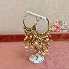 Antique gold plated hoop earrings with gold beads and champagne zircon crystals. 3.5 inch length x 1.5 inch wide Ready to ship! Brass Pierced Hoop Earrings For Party, Gold Beaded Dangle Clip-on Earrings, Festive Small Hoop Gold Jewelry, Elegant Metal Hoop Beaded Earrings, Elegant Metal Beaded Hoop Earrings, Gold Beaded Drop Clip-on Earrings, Festive Gold Metal Hoop Earrings, Handmade Gold Pearl Earrings For Party, Gold Pearl Earrings For Festive Occasions