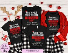 three matching christmas pajamas with matching t - shirts