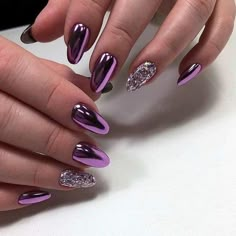 Purple And Silver Nails, Purple Glitter Nails, Long Nail Art, Purple Nail Art, Pretty Nail Art Designs, Purple And Silver, Fancy Nails