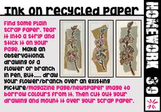 an advertisement for ink on recycled paper with flowers and leaves in pink, green, yellow or blue