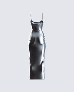 a silver dress is shown on a white background with the image in full color, it appears to be made out of shiny material