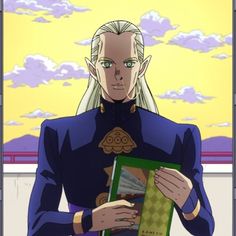 an anime character holding a book in his right hand and looking at the camera man