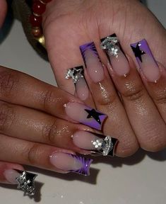 Short Nail Sets, Black And Purple Nails, Purple And Silver Nails, Nails Design With Rhinestones, Colored Acrylic Nails, Girly Acrylic Nails