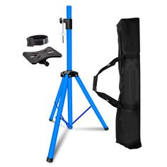 a blue tripod stands next to a black bag and some other items on a white background