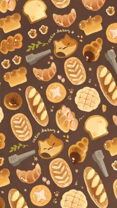 a brown background with lots of different types of breads and pastries on it