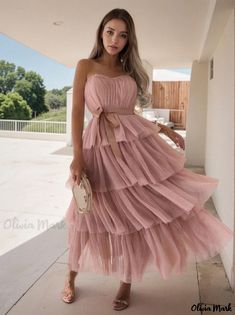 Olivia Mark - Luxurious Party Wear Maxi Gown Boasting Tulle Ruffles and Adjustable Strap Strapless Ruffle Gown For Banquet, Strapless Gown With Ruffles For Banquet, Strapless Maxi Dress With Ruffles For Party, Summer Ruffled Gown For Banquet, Sleeveless Gown With Ruffles For Party Season, Ruffled Maxi Dress For Banquet In Prom Season, Sleeveless Ruffled Gown For Party Season, Tiered Maxi Dress For Prom Season, Strapless Summer Gown With Ruffles