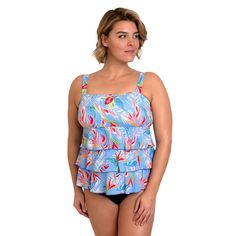 Blue Sleeveless Tankini With Upf 50+, Fitted Tropical Blue Top, Casual Blue Tankini For Spring, Fitted Blue Tropical Top, Fitted Light Blue Tankini For Vacation, Tummy Issues, Neckline Details, Tummy Slimmer, Cute Plus Size