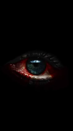 an evil looking eye in the dark with blood on its iris and green eyeshade