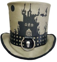 "Gothic Castle" Tall Deluxe Vinyl Top Hat A one of a kind wearable art creation by Jenkitty This tall top hat is created from slick grey vinyl, wrapped in a cutout vinyl belt with front ring and skull centerpiece. It is hand painted in acrylic in a spooky gothic castle, graveyard, trees and bats motif. Adult Medium - Inner circumference measures about 22 1/2", about 7" tall (Around 7 1/4 men's hat size)  Has wire brim so it can be shaped as you wish. **Sometimes I can alter the hat to accommodat High Crown Top Hat For Halloween Themed Events, Halloween High Crown Top Hat For Themed Events, Festival Themed High Crown Top Hat, Themed High Crown Top Hat For Festivals, Fitted Themed Mini Hats For Halloween, Themed Fitted Mini Hats For Halloween, Punk Top Hat For Halloween Costume, Punk Style Top Hat For Halloween Costume Party, High Crown Top Hat For Halloween Costume