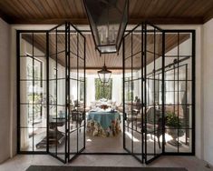 an advertisement for french doors everywhere with the image of a dining room and patio area