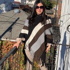 Striped Poncho, Fringed, One Size Model Is 5’2” Multi Colored Cream Poncho Outfit, Miami Heat Logo, Poncho Outfit, Animal Print Blazer, Brandy Melville Top, Boyfriend Jacket, North Face Kids, Lightweight Blazer, Green Blazer