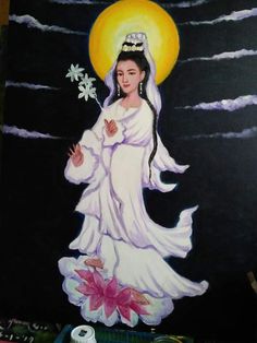 a painting of a woman in white dress with flowers on her left hand and the sun above her head