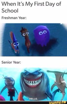 an image of two cartoon characters with caption that reads, when it's my first day of school freshman year senior year hello