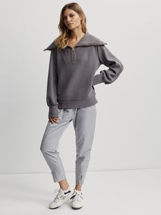 Deep Charcoal Fall Loungewear Half-zip Tops, Fall Half-zip Relaxed Fit Top, Fall Relaxed Fit Half-zip Top, Relaxed Fit Half-zip Spring Top, Spring Half-zip Top With Relaxed Fit, Spring Relaxed Fit Half-zip Top, Oversized Half-zip Top, Exaggerated Collar, Exaggerated Sleeves