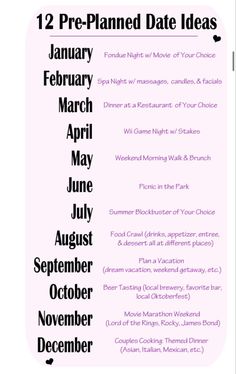 12 Month Date Night Ideas, Date Ideas For Each Month, Monthly Couple Check In, Pre Planned Dates 12 Months, Once A Month Date Night Ideas, Fondue Night, Spa Night, Couple Cooking, Just You And Me