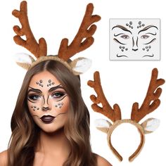 a woman wearing reindeer antlers with makeup on her face and the deer's head