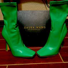 About 5 Inch Heels, Booties, Great Green Color. New With Box Never Worn Unique Shape. Perfect For Dresses And Jeans! Green Ankle Boots For Spring, Green Ankle Boot Heels For Winter, Chic Green Ankle Heeled Boots, Green High Ankle Heeled Boots For Spring, Green High Ankle Heels For Fall, Trendy Green Ankle-high Heeled Boots, Fitted Synthetic Booties With Round Toe, Fitted Ankle-high Synthetic Booties, Fitted Booties With Reinforced Heel And Closed Toe