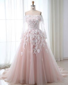 Lace Wedding Dress with Sleeves Pink Tulle Lace Appliques A-Line vestidos de novia Off-shoulder Beautiful Wedding Gown on Storenvy Pink Wedding Gowns, Lace Wedding Dress With Sleeves, Formal Prom Dress, Pink Wedding Dress, Beautiful Wedding Gowns, Pink Prom Dress, Prom Dress Evening, Long Sleeve Dress Formal, Long Formal Dress