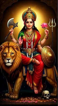 the hindu goddess sitting on top of a lion and holding a flower in her hand