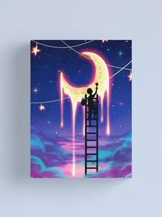 two people on a ladder painting the moon and stars canvas print