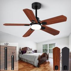 a ceiling fan in a bedroom with hardwood flooring and white walls, next to a bed