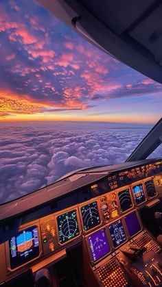 the view from inside an airplane looking out at the clouds and sky, with two pilots sitting in the cockpit