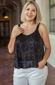 Women's plus sequin tank tops in black and champagne Summer Sequined Camisole For Night Out, Casual Sequined Tank Top For Party, Summer Sequin Camisole Top, Sequin Camisole Top For Summer, Sequin Camisole Top For Evening, Summer Shimmer Tops For Night Out, Summer Camisole Top With Sequins, Evening Sequined Camisole Top, Summer Shimmer Top For Night Out