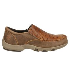 Mens Roper Casual Shoes, cowboy kick off your boots for these comfy shoes! These Roper Owen mens slip on shoes have a tan vintage leather, tan embossed ostrich vamp, driving moc construction, rubber outsole, removable insole for comfort and extreme comfort fit. Size: 7.5.  Color: Brown.  Gender: male.  Age Group: adult. Brown Moc Toe Slip-ons With Textured Sole, Rugged Brown Slip-on Loafers, Brown Moc Toe Slip-ons For Outdoor, Brown Moc Toe Slip-on Shoes, Mens Brown Casual Shoes, Brown Casual Shoes, Casual Work Shoes, Mens Slip On Shoes, Alligator Print