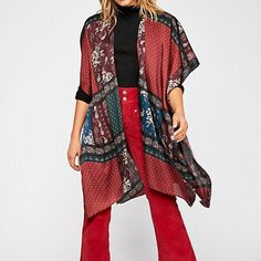 Free People Mon Cheri Silky Patchwork Kimono One Size New With Tag Printed Silky Patchwork Kimono Featuring An Open Design With Flowy Sleeves And Side Slits. Semi-Sheer Armholes Care/Import Machine Wash Cold Import Measurements For Size One Size Length: 38.5 In Free People Kimono, Patchwork Kimono, Maxi Kimono, Bohemian Kimono, Random Clothes, Kimono Pattern, Free People Style, Flowy Sleeves, Womens Kimono