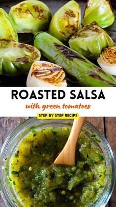 roasted salsa with green tomatoes in a glass bowl and an image of the same side dish