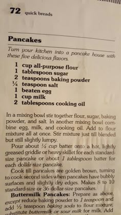 recipe for pancakes with instructions on how to make them