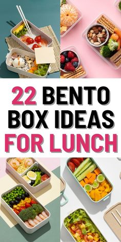 several bento boxes filled with different types of food and the words, 22 bento box ideas for lunch