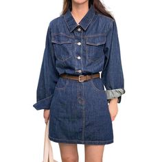 Revive the vintage charm of the classic 90s style with our long sleeve mini denim dress from the 2023 Spring-Summer Collection! This modern twist on a timeless wardrobe staple is crafted with exquisite finesse. designed to make you stand out.Why It's Destined to Be Your New FavoriteFeaturing a flattering A-line silhouette. this dress skims your curves for effortless style and comfort. The extended length and rock-washed medium wash add an air of grace. while the flare provides a playful touch. T Summer Long Sleeve Mini Dress With Pockets, Long Sleeve Mini Dress With Pockets For Summer, Casual Long Sleeve Mini Dress With Pockets, Casual Long Sleeve Denim Blue Dress, Mini Length Denim Dress With Pockets For Work, Chic Dark Wash Mini Dress With Pockets, Long Sleeve Dark Wash Denim Dress, Casual Long Sleeve Dark Wash Denim Dress, Casual Long Sleeve Denim Dress For Work