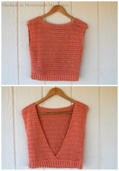 two pictures of an orange sweater hanging on a white wall, one showing the front and back