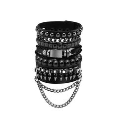 PRICES MAY VARY. Package Included : 3 Pcs Unisex Studded Spikes Rivet Punk Leather Bracelets for Men Women + 1 * Hematite Black Beads Bracelet. Material: Stone: Hematite.Metal + Soft Pu Leather + Snap Button Clasp. Handcrafted: Each Bracelet Has Its Own Unique Natural Stone. Every Leather Bracelet Has Been Carefully Processed,Every Stone Is Selected Individually.Just To Create This Truly One-Of-a-Kind Bracelet. Suitable Occasions : 80s theme Party, 90s theme Party, Rock Concert, Music Carnival, Adjustable Punk Bracelet For Streetwear, Adjustable Punk Bracelets For Streetwear, Gothic Adjustable Bracelet For Streetwear, Adjustable Gothic Bracelet For Streetwear, Black Rock Style Jewelry For Streetwear, Rock Style Black Jewelry For Streetwear, Edgy Band Bracelet For Concerts, Edgy Band Bracelet For Concert, Trendy Metal Wristband For Concerts