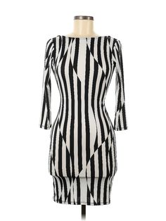 Auditions Casual Dress Size: Medium Silver Dresses - used. 95% POLYESTER, 5% SPANDEX, Boatneck, Stripes, Knee Length, 3/4 Sleeve | Auditions Casual Dress: Silver Stripes Dresses - Used - Size Medium Striped Bodycon Midi Dress For Party, Stretch Bodycon Dress With 3/4 Sleeves For Parties, Striped Midi Dress For Party, Spring Striped Bodycon Party Dress, Spring Striped Bodycon Dress For Party, Striped Bodycon Dress For Spring Party, Striped Fitted Bodycon Dress For Party, Striped Stretch Dress For Night Out, Stretch Striped Dress For Night Out