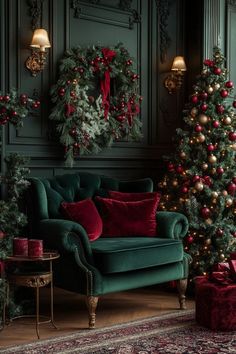 a living room decorated for christmas with wreaths and ornaments on the wall, green velvet sofa