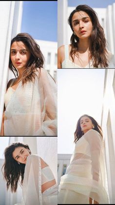 four photos of a woman in white clothing