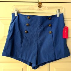 Love Culture High Waisted Blue Shorts With Silver Buttons. Size Medium. Never Worn, With Tags Navy High Waist Shorts For Summer, Navy High-waist Shorts For Summer, Fitted Blue Summer Shorts, Blue Bottoms With Short Inseam For Day Out, Chic High Waist Blue Shorts, Chic High-waisted Blue Shorts, Navy High-waisted Shorts For Spring, Navy Fitted Shorts For Spring, Blue High-waist Cotton Shorts