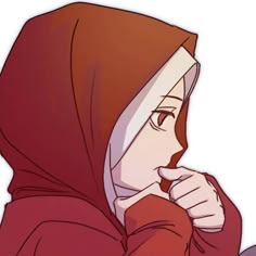 a woman in a red hoodie with her hand on her chin and looking to the side