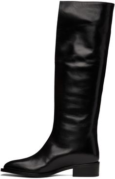 Knee-high buffed leather boots in black. · Pointed square toe · Cutout at collar · Stacked leather heel · Leather outsole · Heel: H1.5 in Supplier color: Black Classic Black Calf Leather Knee-high Boots, Classic Black Calf Leather Platform Boots, Classic Calf Leather Platform Boots With Square Toe, Black Mid-calf Boots With Reinforced Heel In Calf Leather, Classic Square Toe Platform Boots In Calf Leather, Black Heeled Boots With Wide Calf In Calf Leather, Classic Black Mid-calf Boots In Calf Leather, Classic Black Mid-calf Calf Leather Boots, Black Mid-calf Calf Leather Boots With Leather Sole