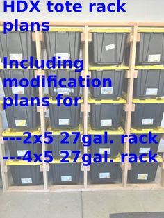 the rack is full of plastic containers with yellow labels on them and labeled hdx tote rack plans including modifications for plans for