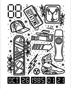 a black and white poster with various items on it