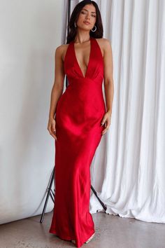 Shop the Of Your Dreams Rose Accent Halter Dress Red | Selfie Leslie Red Fitted Backless Satin Dress, Red Satin Finish Party Dress, Red Fitted Satin Dress For Prom, Red Fitted Satin Dress For Date Night, Fitted Red Satin Dress For Date Night, Red Dress With Satin Finish For Night Out, Red Satin Finish Dress For Night Out, Glamorous Red Satin Dress, Red Satin V-neck Party Dress