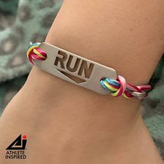 "RUN - Running Bracelet: multicolor, black, & pink, Running Jewelry, Run Bracelet, Gifts for Runners, Running Motivation, Running Inspiration. RUNNING JEWELRY - Show your love for running with this unique, RUN bracelet. You have accomplished the goal--or maybe it is on the horizon! This unique, lightweight and comfortable bracelet will be a constant reminder of your hard work and dedication. Metal \"RUN\" cut out bracelet on 2mm round mulit-colored silky fabric cord or leather cord with lobs Running Bracelet, Running Hills, Running Jewelry, Motivation Running, Cross County, Running Gifts, Fabric Cord, Running Inspiration, Gifts For Runners