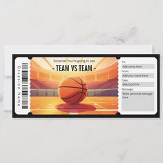 a basketball ticket with the words team vs team on it