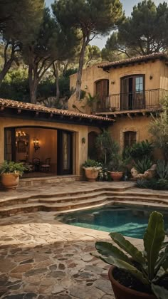 an outdoor swimming pool surrounded by trees and plants