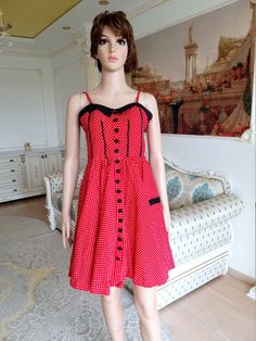 "Full Dress Pin Up Dress Rockabilly dress Red polka dot dress retro dress 70s red dress vintage summer dress Midi Dress L height of the woman in the photo - 180 cm Please refer to photos for details of condition. Condition: very good vintage Measurements: Length: 87 cm/34.3\" Bust: 96 cm/38\" Waist: 78 cm/ 30,7\" Hips: FREE Size: L note The color on the pictures may vary due to monitor settings and light reflections. Ready to ship Please do not hesitate to contact with me for any questions. Than Summer Rockabilly A-line Dresses, Knee-length Summer Vintage Dress, Red A-line Vintage Summer Dress, Vintage Style Summer Midi Dresses, Vintage Style Midi Length Summer Dresses, Red 1950s Style A-line Vintage Dress, Sleeveless Rockabilly Dresses For Vintage Fashion, Spring Pinup Dress For Vintage Fashion, Retro Knee-length Dress For Picnic