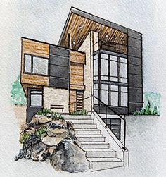 a drawing of a house with stairs leading up to it